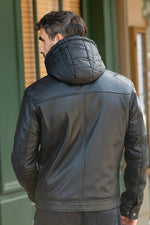 Black leather jacket with round collar and removable hood - Image n°4
