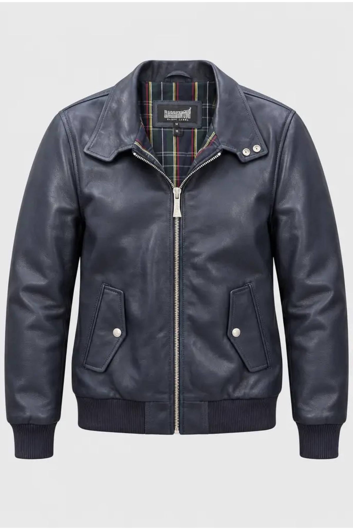 Iconic navy blue leather jacket with tartan lining - Image n°2