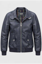 Iconic navy blue leather jacket with tartan lining - Image n°2