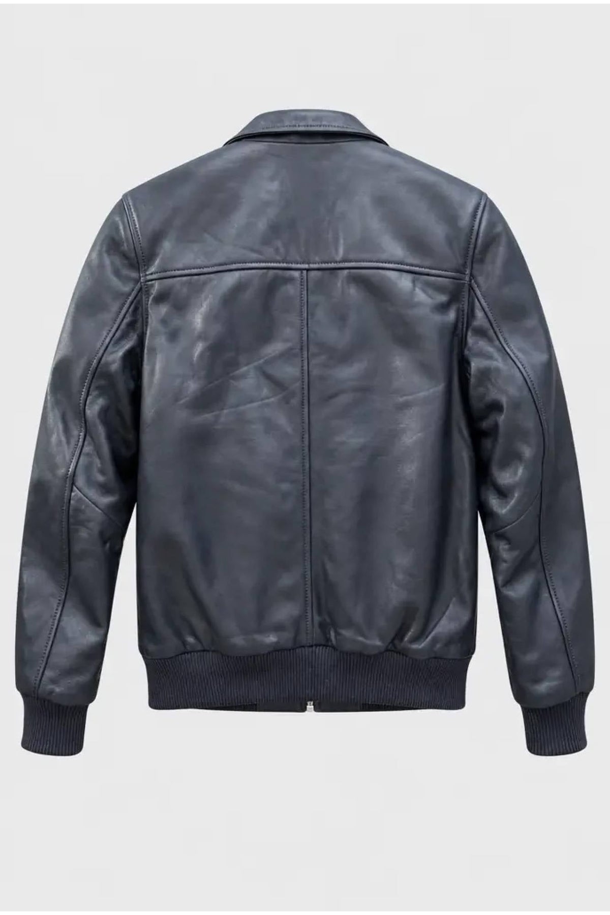 Iconic navy blue leather jacket with tartan lining - Image n°3