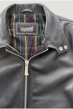 Iconic navy blue leather jacket with tartan lining - Image n°4