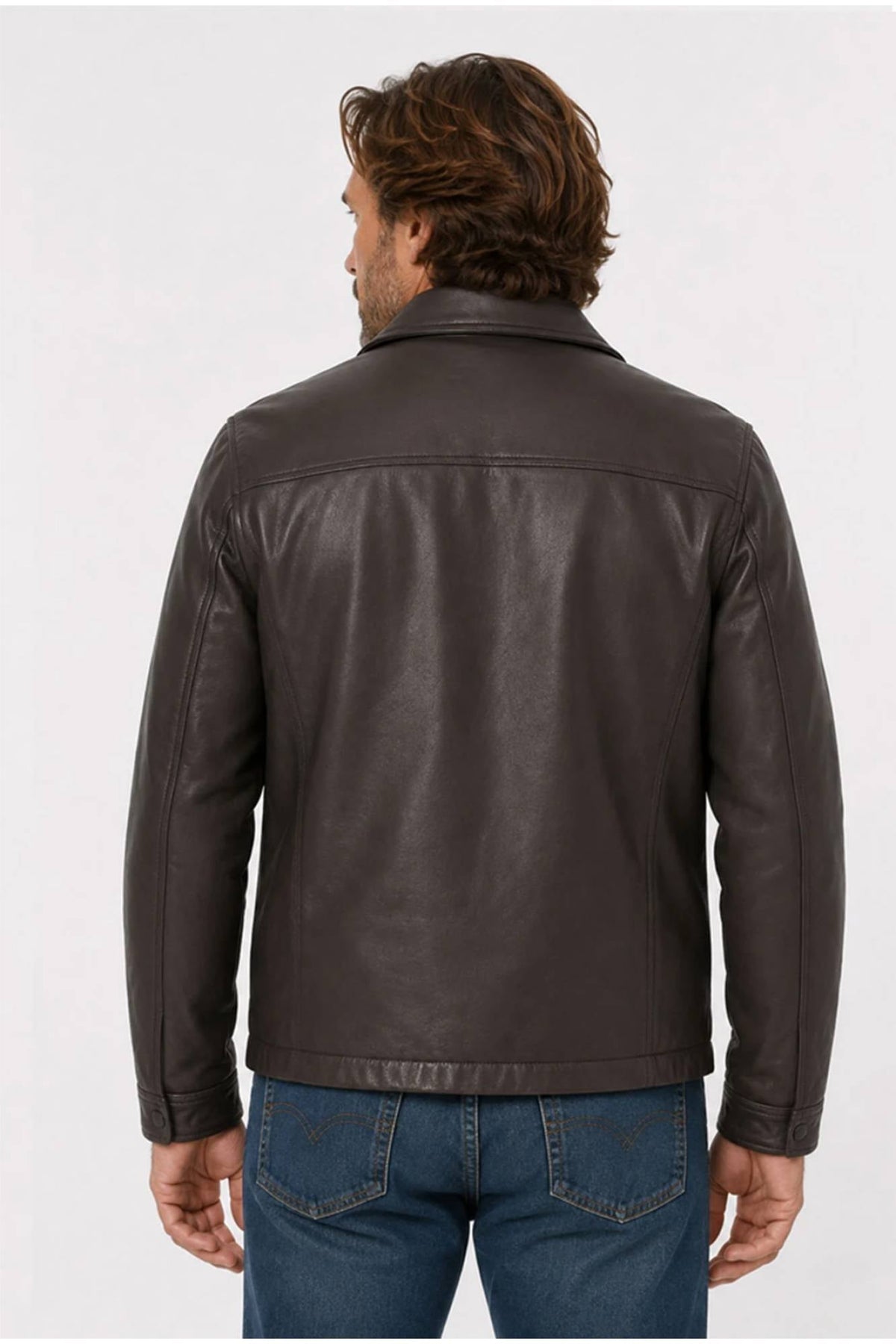 Brown leather jacket with shirt collar and orange lining - Image n°2
