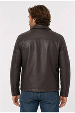 Brown leather jacket with shirt collar and orange lining - Image n°2
