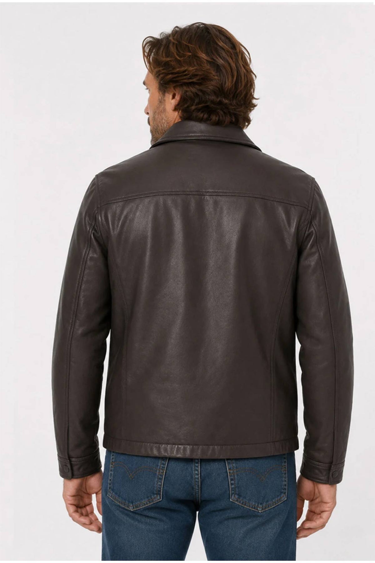 Brown leather jacket with shirt collar and orange lining - Image n°2