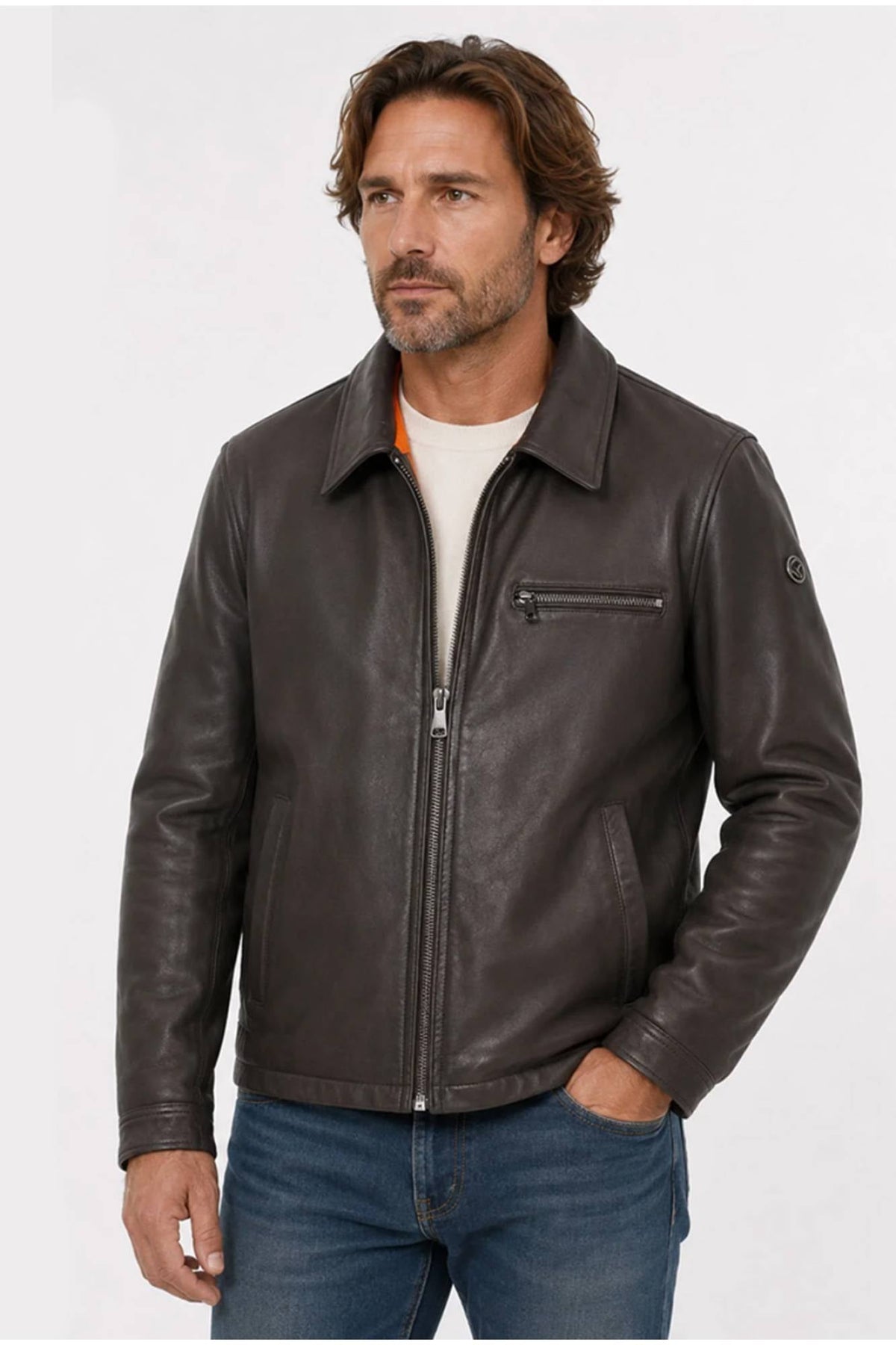 Brown leather jacket with shirt collar and orange lining - Image n°1