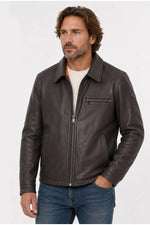 Brown leather jacket with shirt collar and orange lining - Image n°1