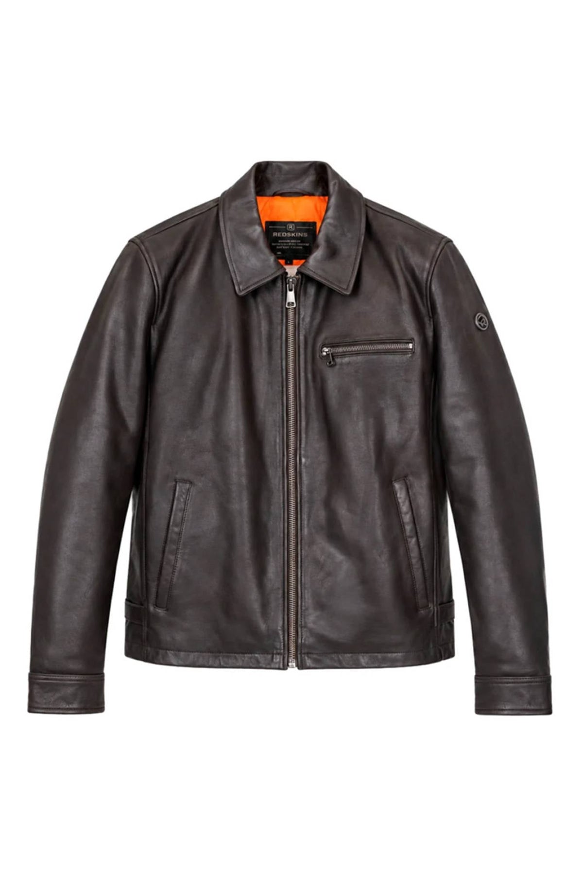 Brown leather jacket with shirt collar and orange lining - Image n°3