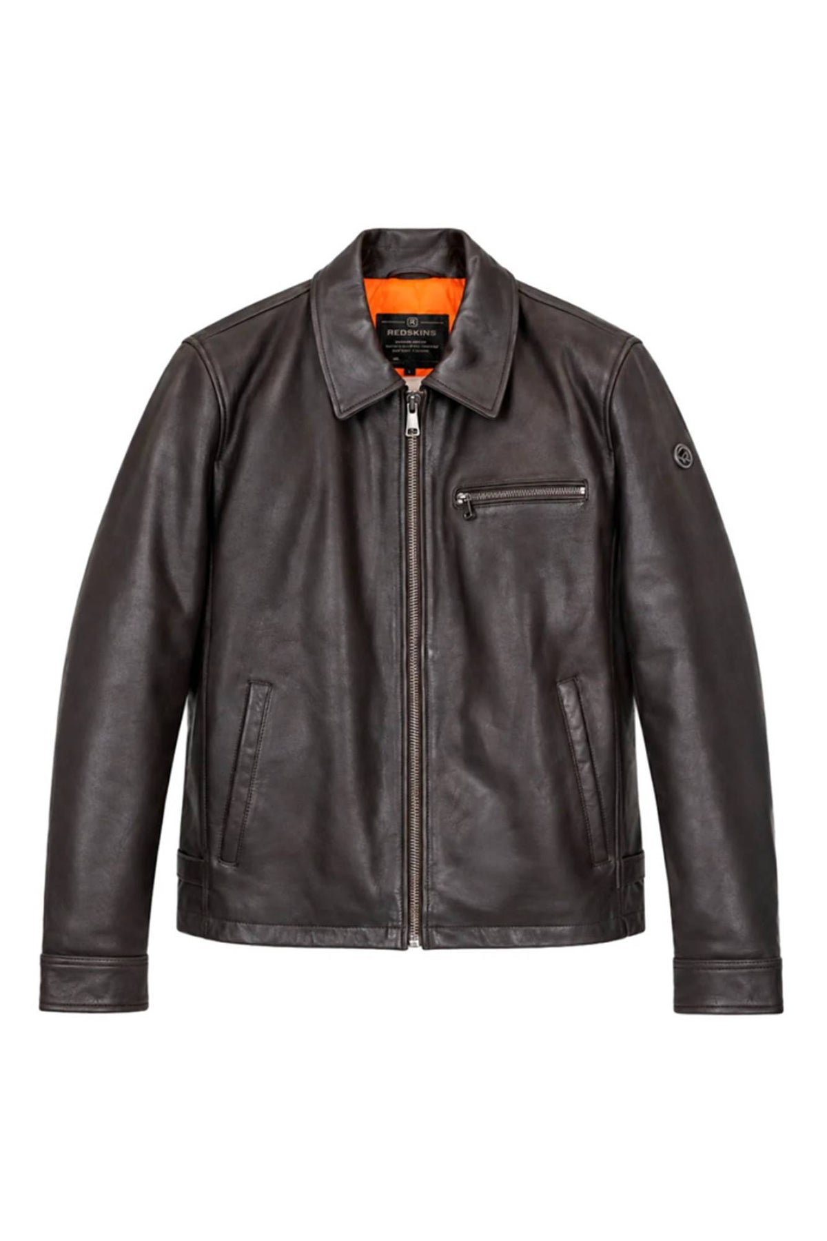 Brown leather jacket with shirt collar and orange lining - Image n°3