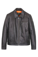 Black leather jacket with shirt collar and orange lining - Image n°1