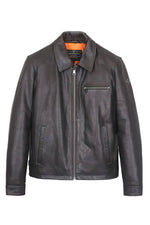 Black leather jacket with shirt collar and orange lining - Image n°1