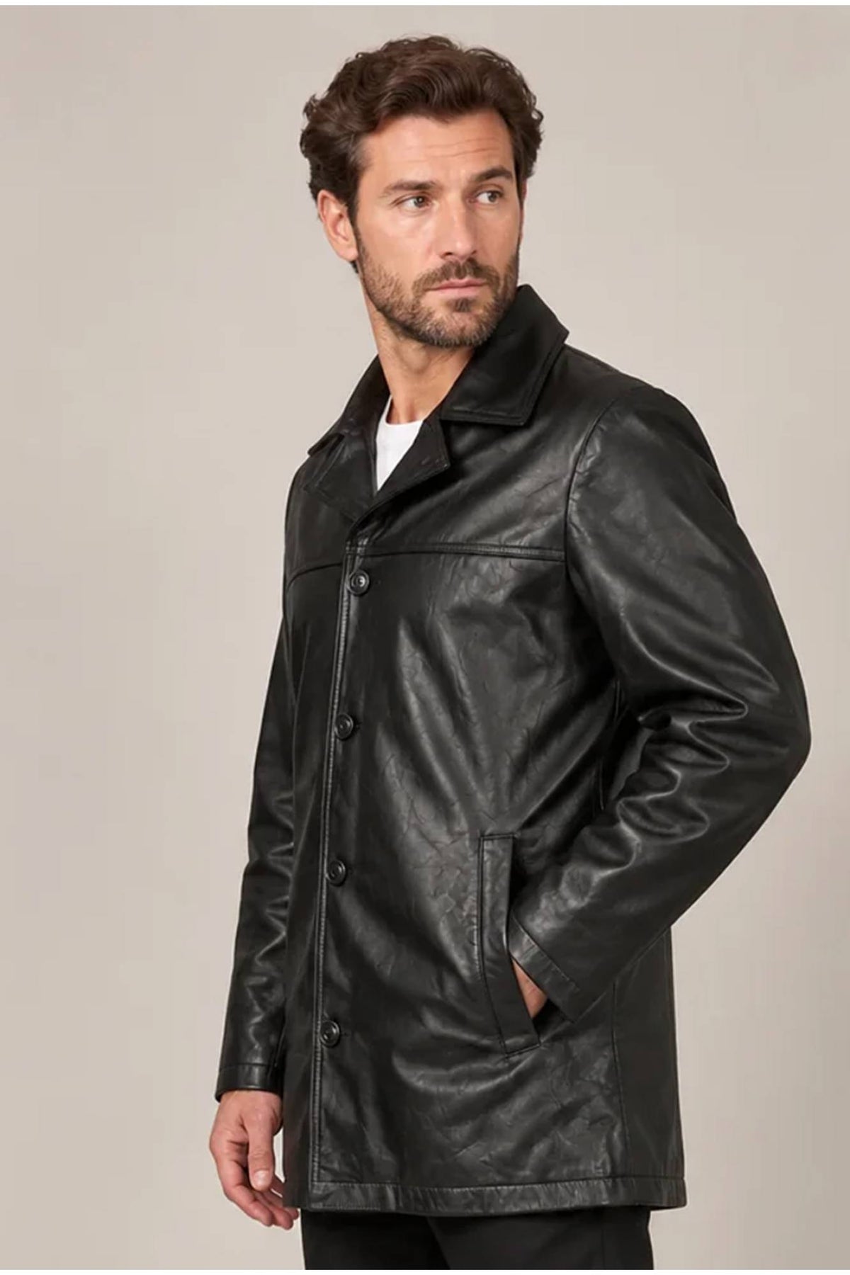 Men's black leather 3/4 jacket - Image n°1