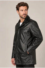 Men's black leather 3/4 jacket - Image n°1