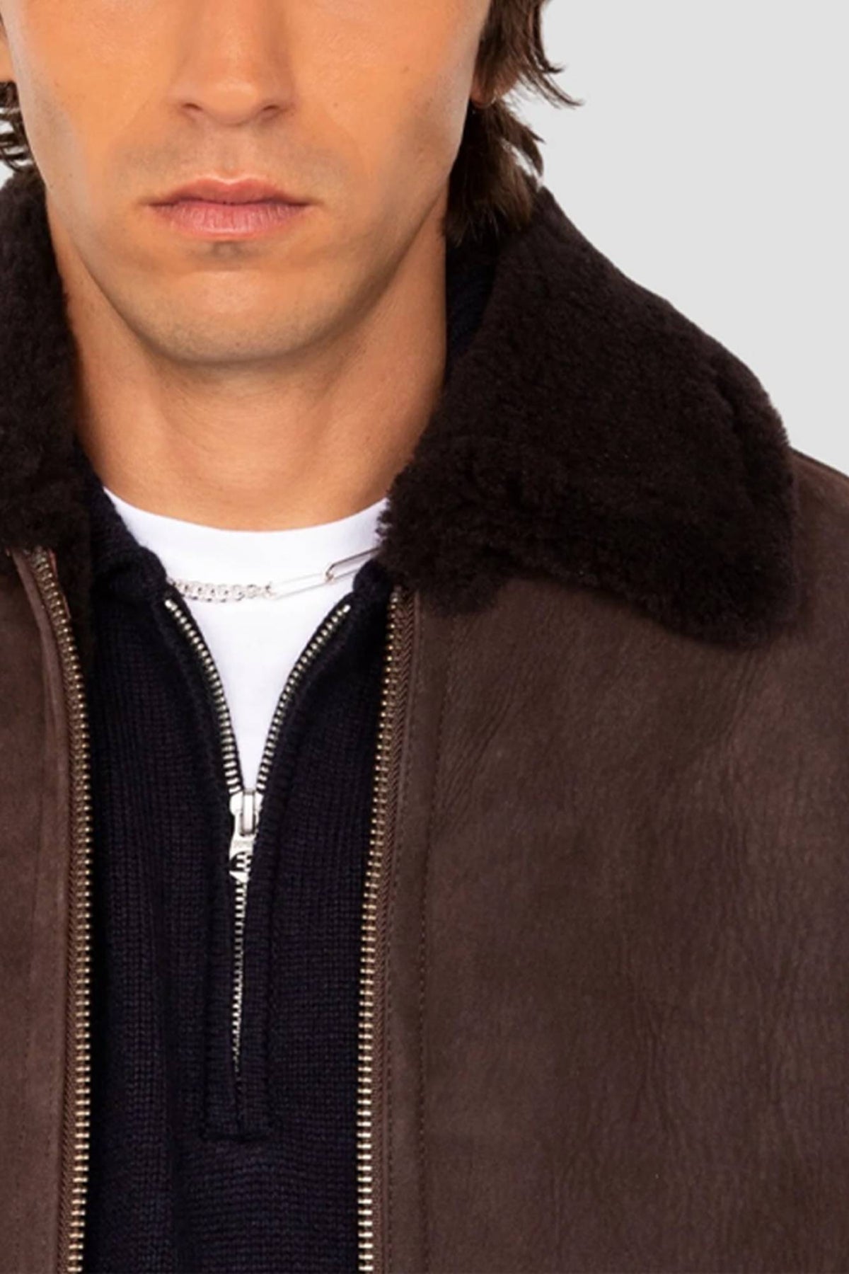 Brown shearling leather flight jacket - Image n°8