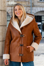 Chic whisky-colored shearling hooded coat - Image n°2