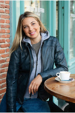Navy blue slimfit leather jacket with removable cotton hood - Image n°1