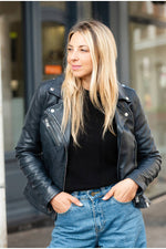 Navy blue leather biker jacket for women - Image n°2