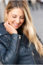 Navy blue leather biker jacket for women - Image n°9