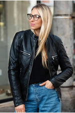 Black women's sheepskin leather jacket - Image n°1