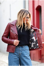 Ketchup red leather biker jacket for women - Image n°3