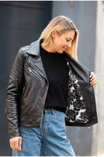 Black leather biker jacket with printed lining - Image n°12
