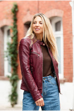 Women's dark pink leather biker-collar jacket - Image n°15