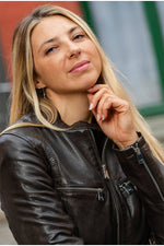 Women's chocolate brown leather biker collar jacket - Image n°2