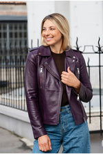 Pearlescent purple leather biker jacket - Image n°1