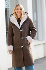 Long hooded brown shearling leather coat - Image n°6