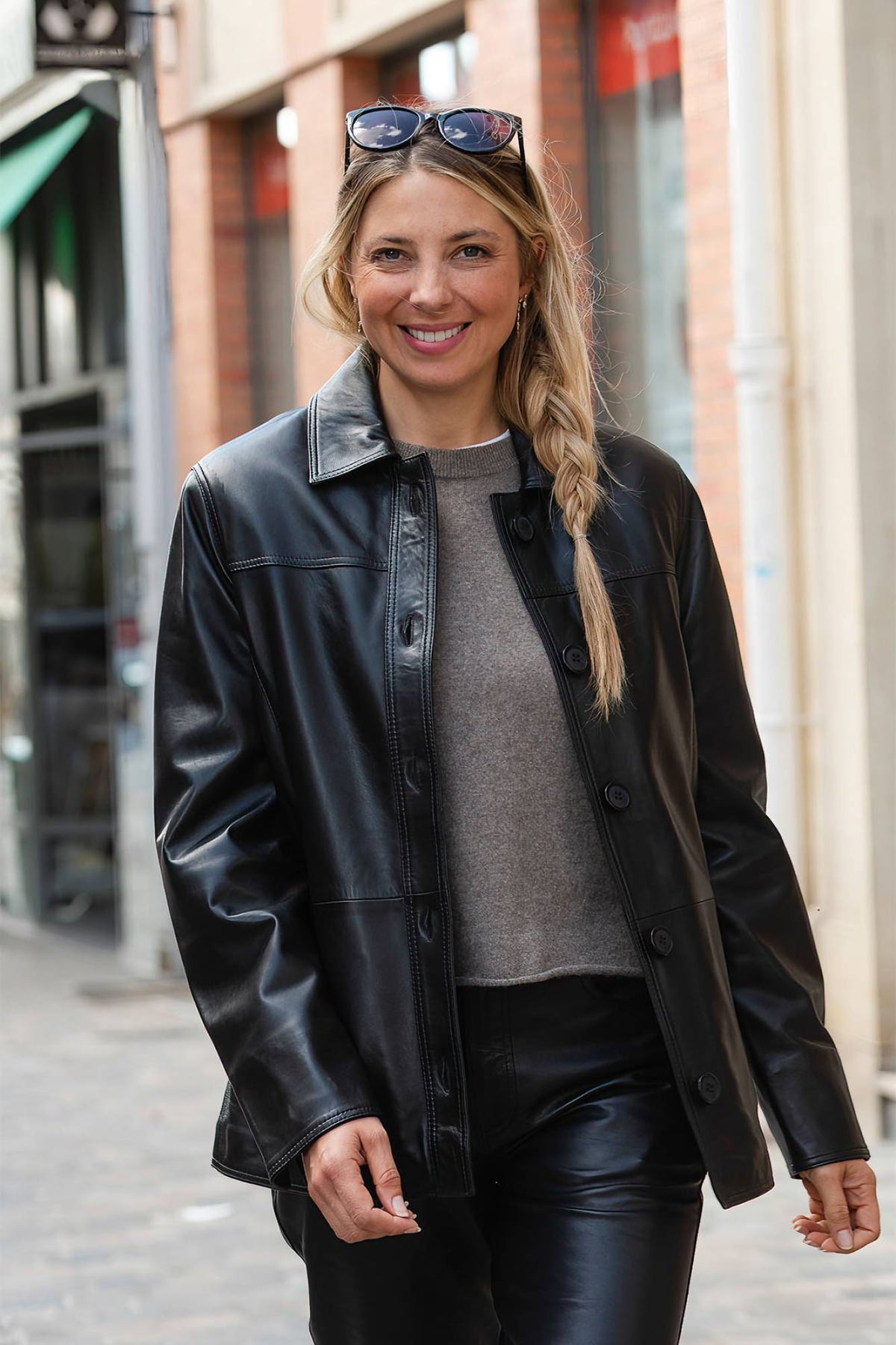Buttoned Black Leather Jacket with Shirt Collar - Image n°1