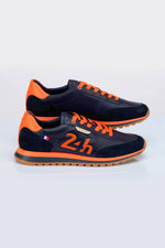 Blue and orange leather racing-style sneakers - Image n°1