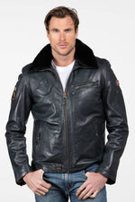 Black leather jacket with aviator collar - Image n°1