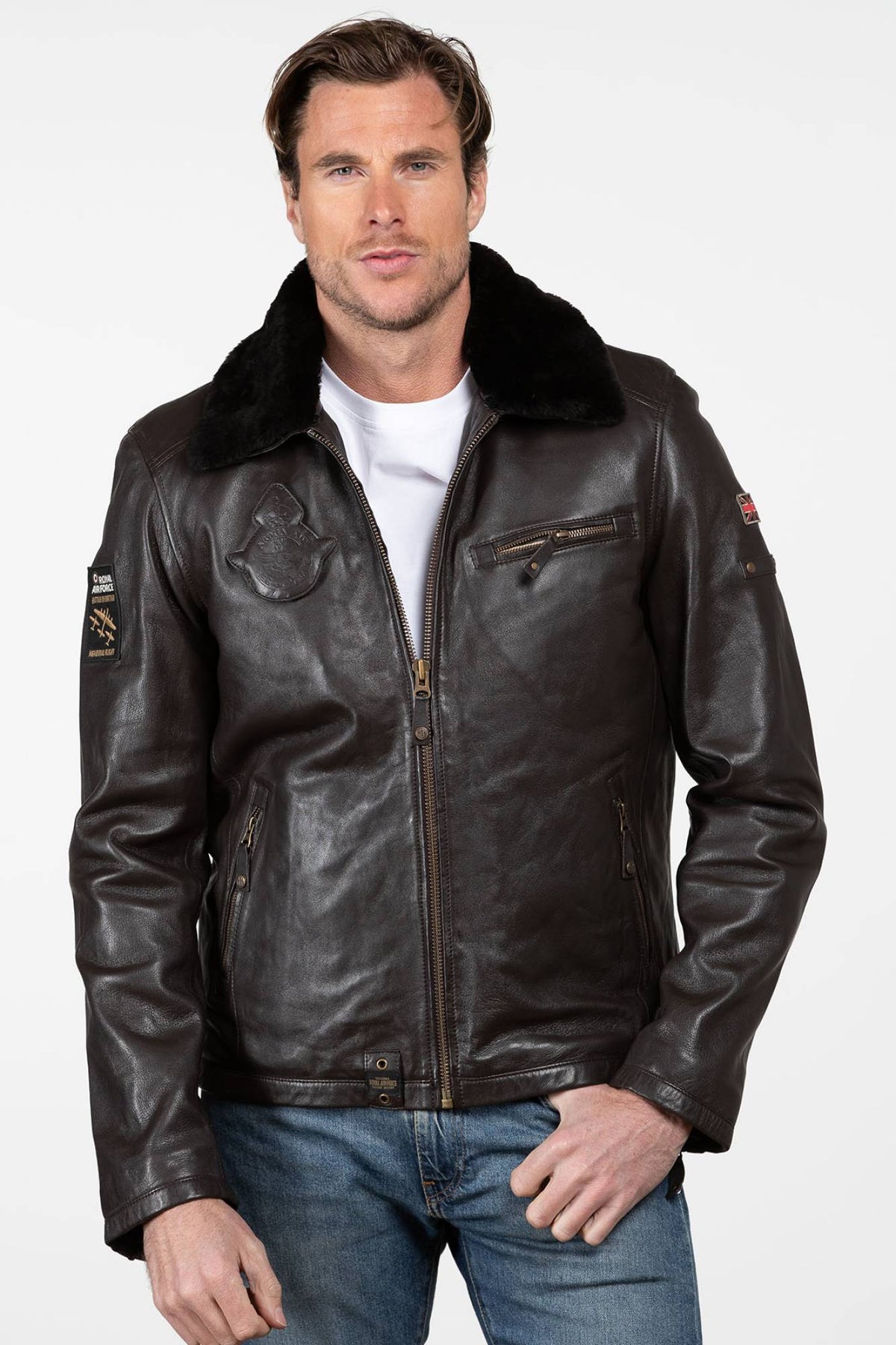 Brown Leather Jacket with Aviator Collar - Image n°1