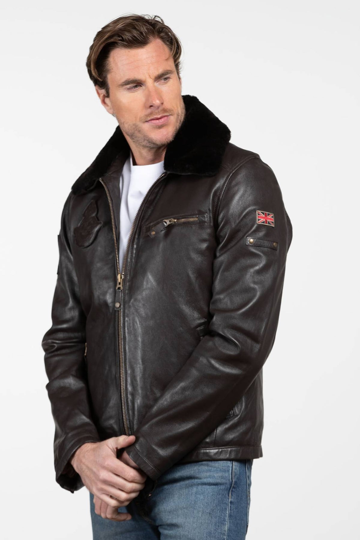 Brown Leather Jacket with Aviator Collar - Image n°2