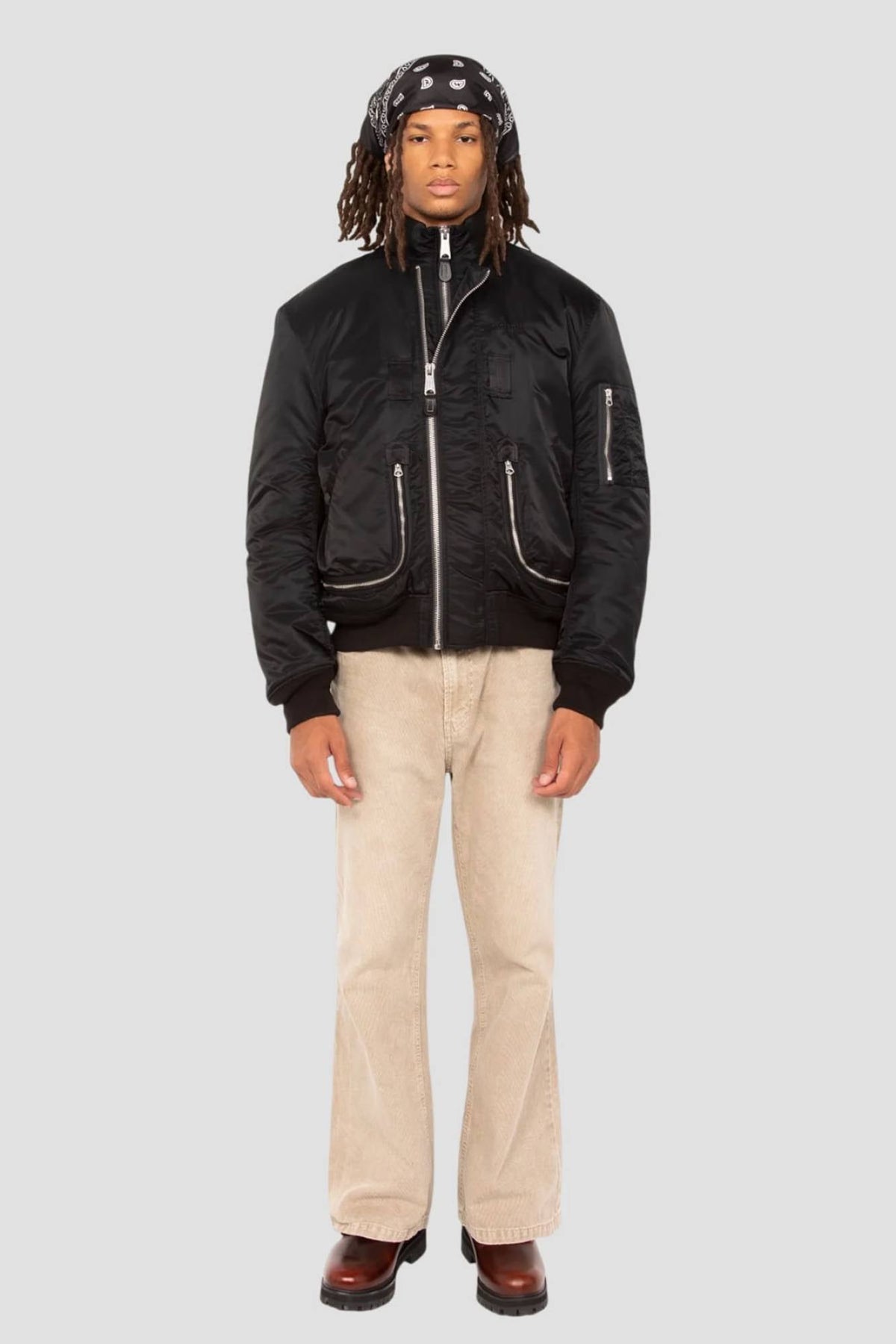Black tactical double-zip bomber jacket with an oversized fit - Image n°12