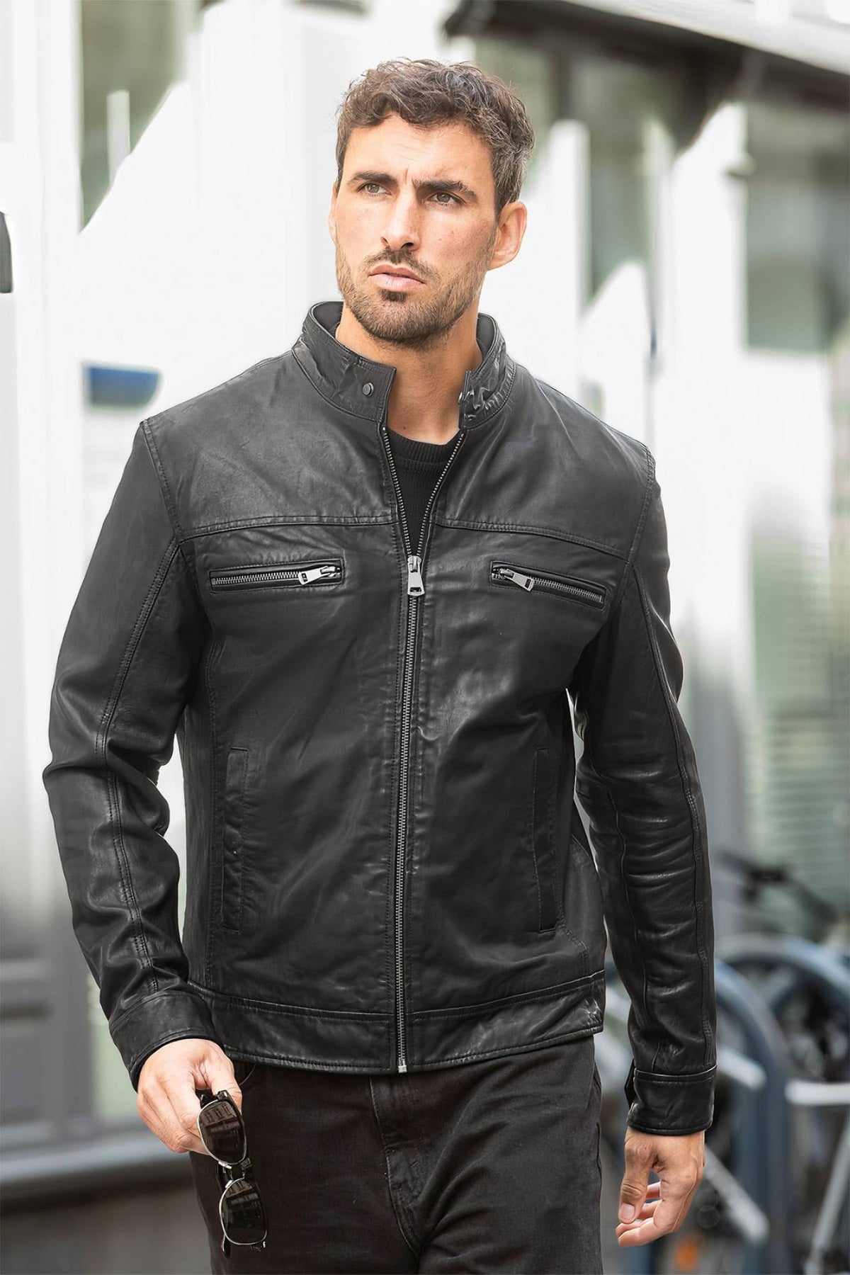Black leather biker collar jacket - Image n°4