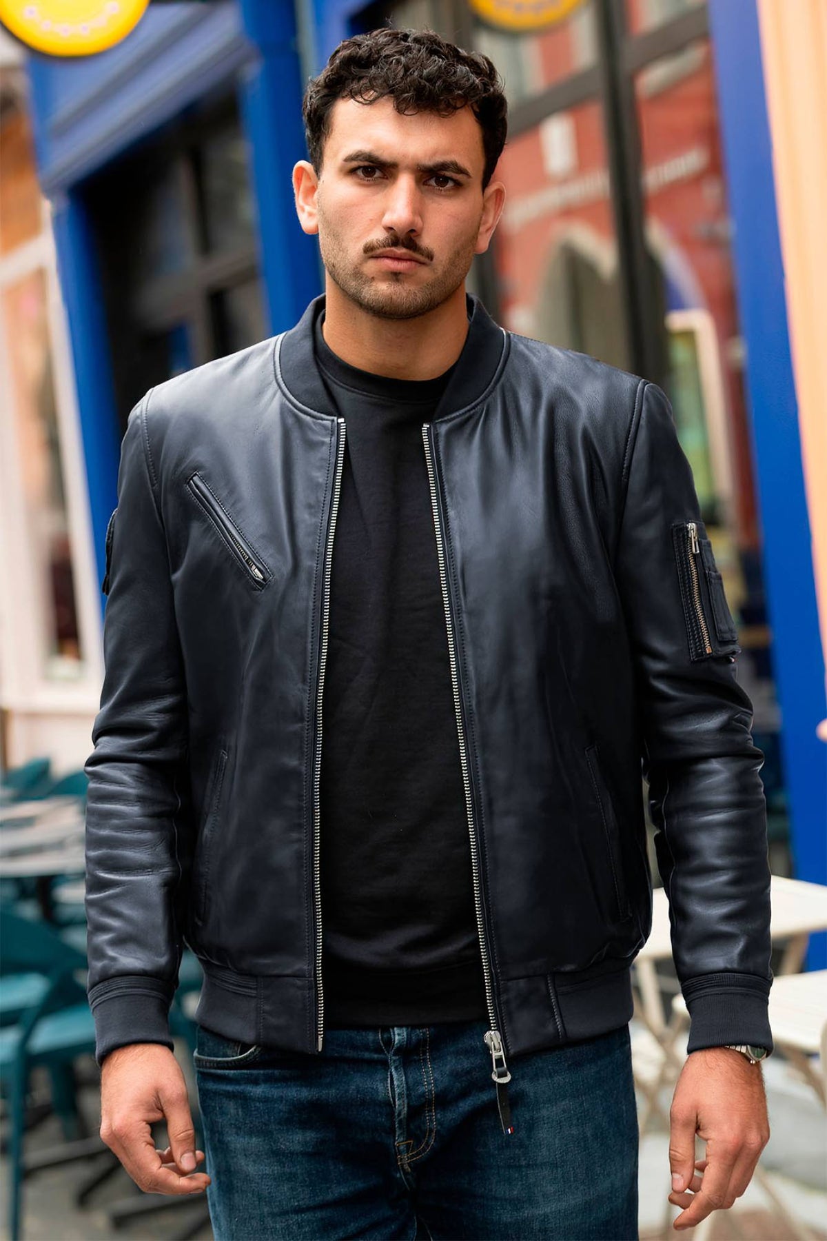 Redskins' navy sheep leather bomber, Patrouille de France-inspired. - Image n°1