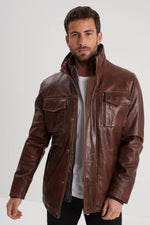 Mid-length bison sheepskin leather jacket, elegant and functional. - Image n°1