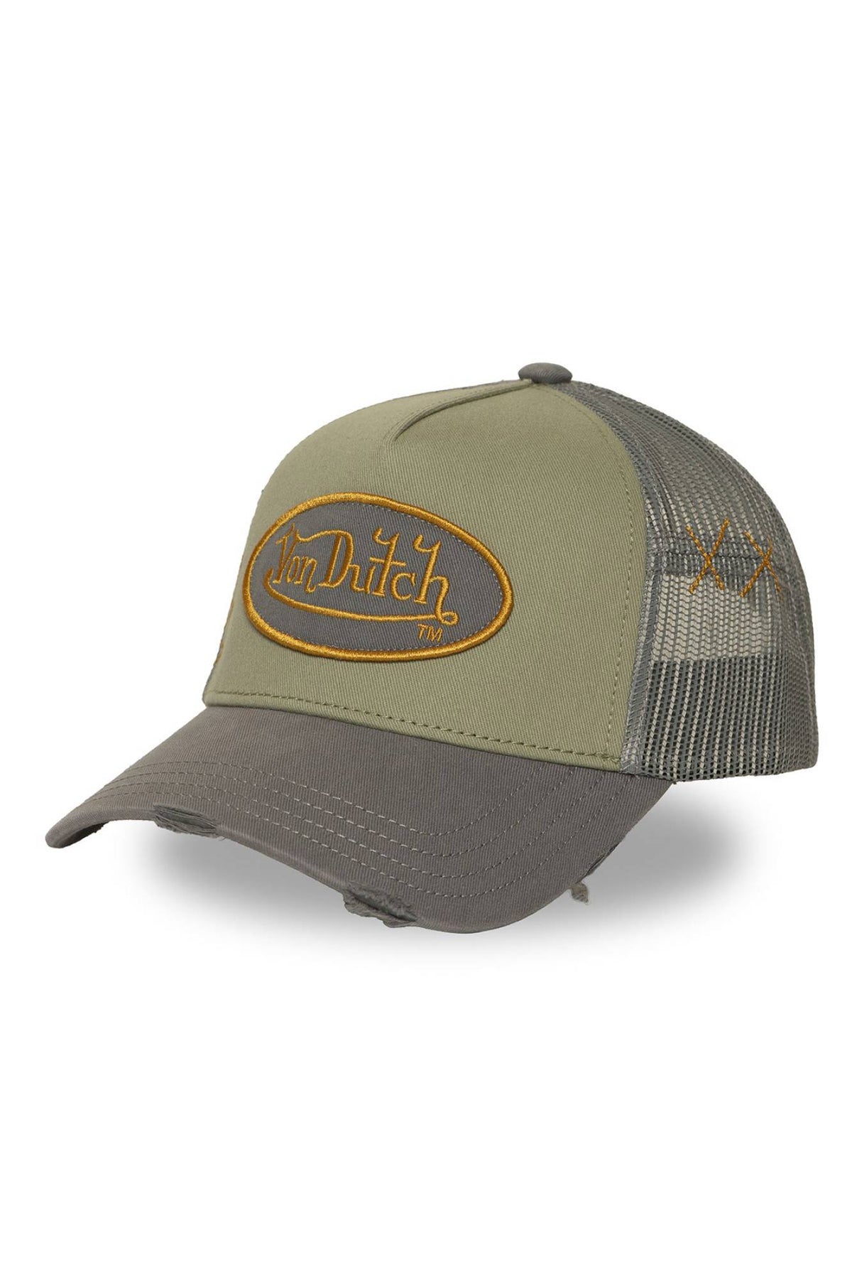 Khaki and grey trucker cap with embroidered logo - Image n°1