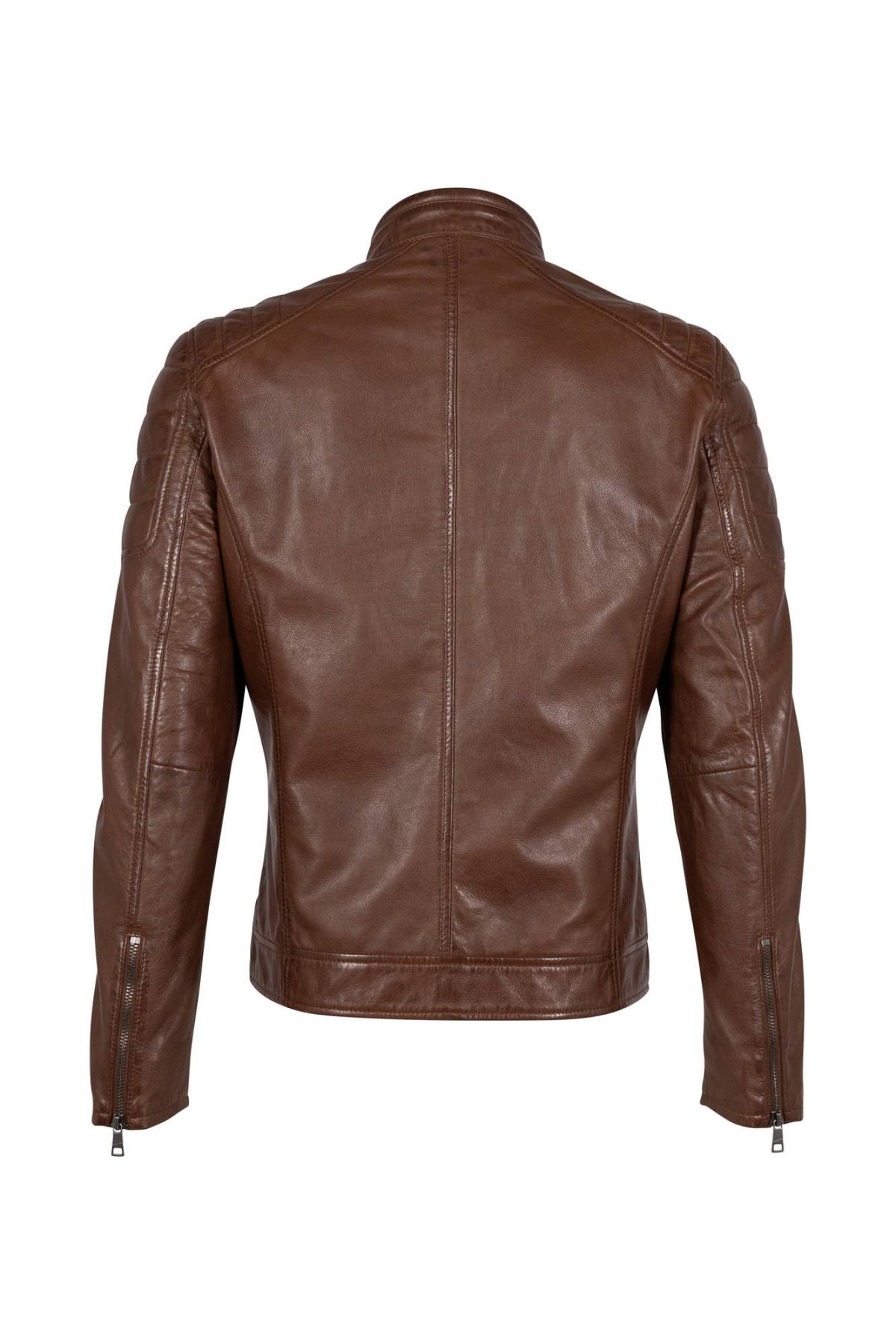 Cognac quilted lambskin biker-collar jacket with padded shoulders - Image n°4