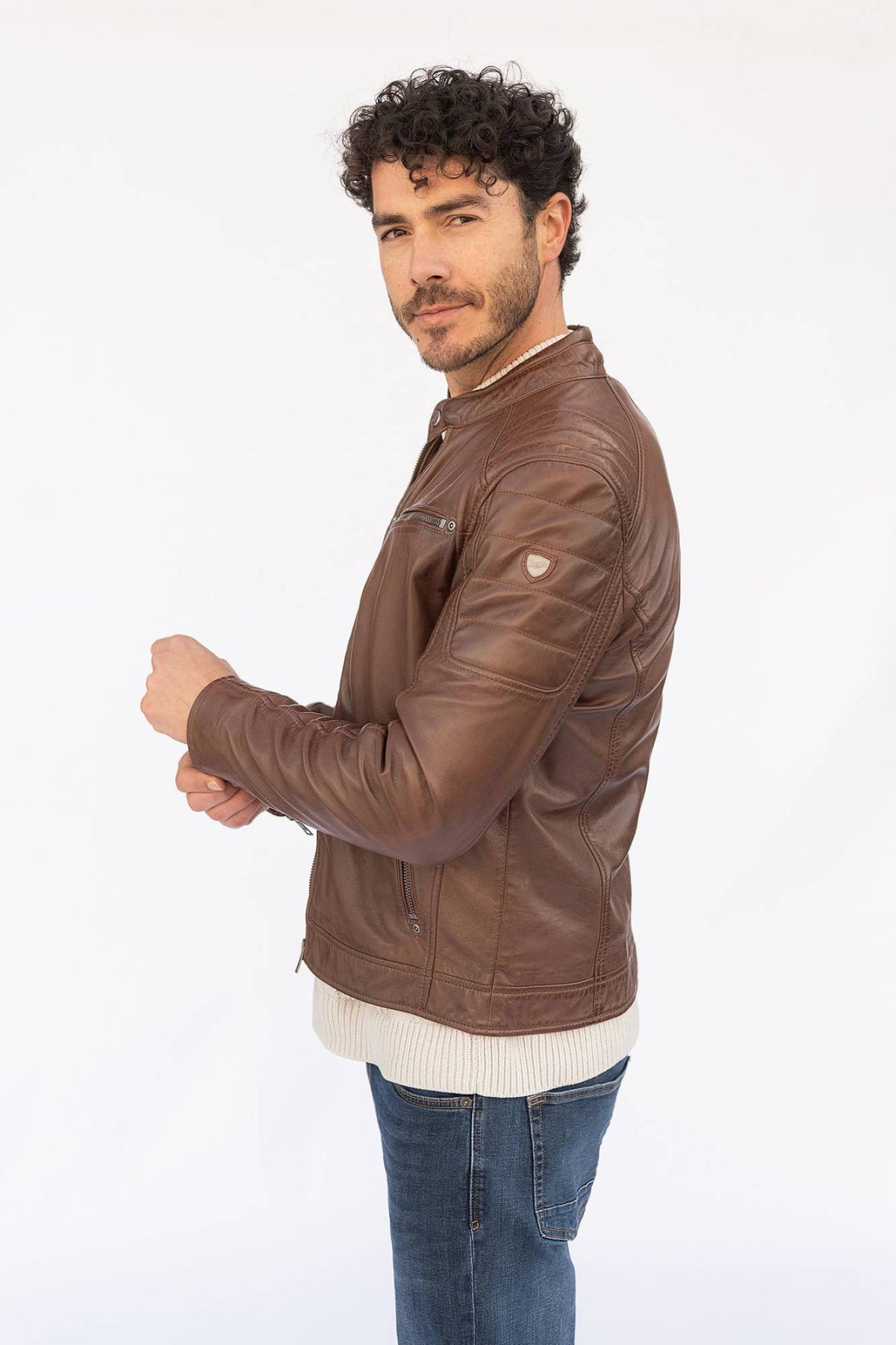 Cognac quilted lambskin biker-collar jacket with padded shoulders - Image n°5