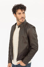 Smooth dark brown lambskin biker-collar jacket with topstitched shoulders - Image n°1