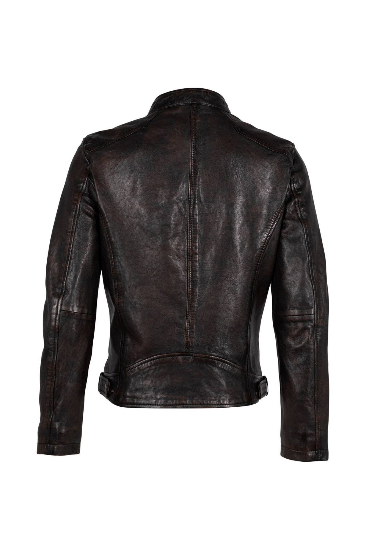 Brown-black faded aged lambskin leather stand collar jacket - Image n°4