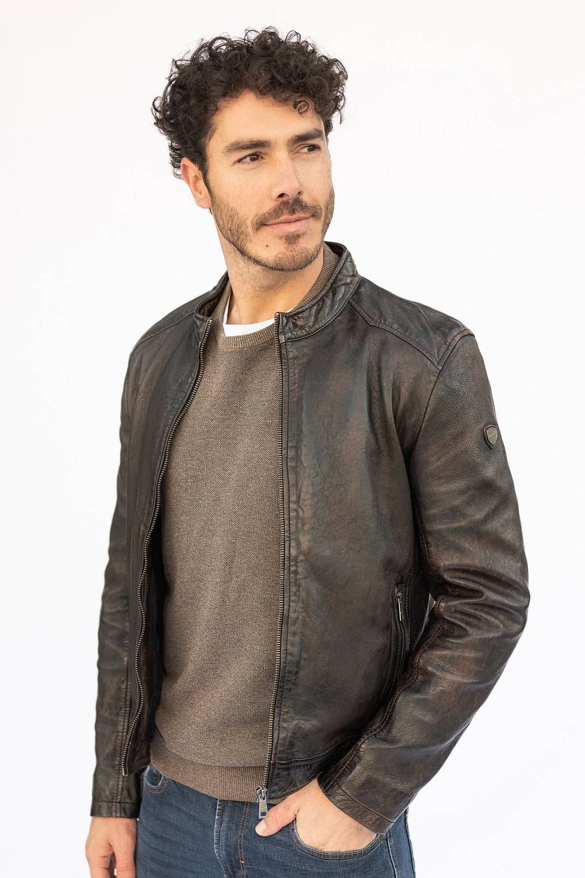 Brown-black faded aged lambskin leather stand collar jacket - Image n°2