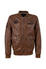 Cognac lambskin flight jacket with rib-knit trims and embroidered patches - Image n°2
