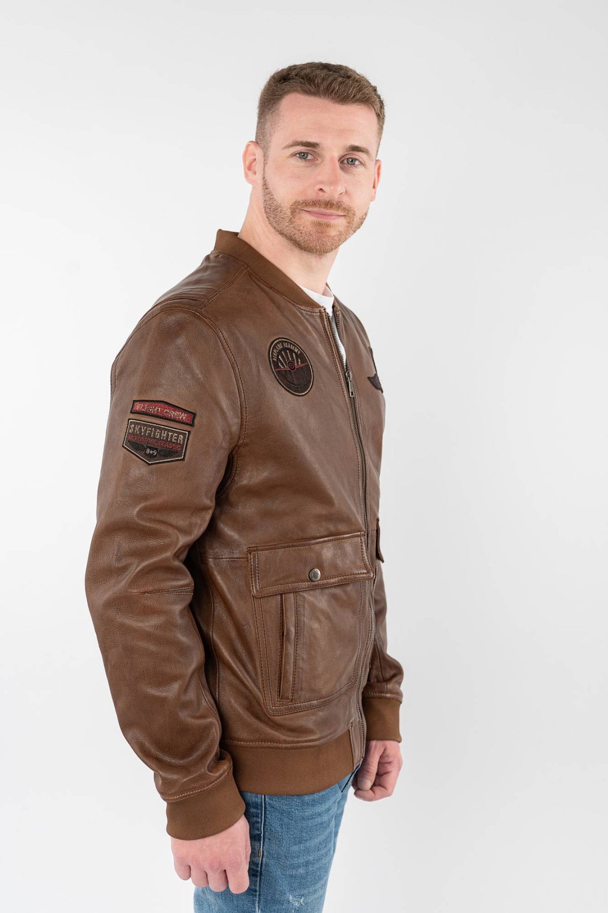 Cognac lambskin flight jacket with rib-knit trims and embroidered patches - Image n°4
