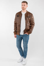 Cognac lambskin flight jacket with rib-knit trims and embroidered patches - Image n°7