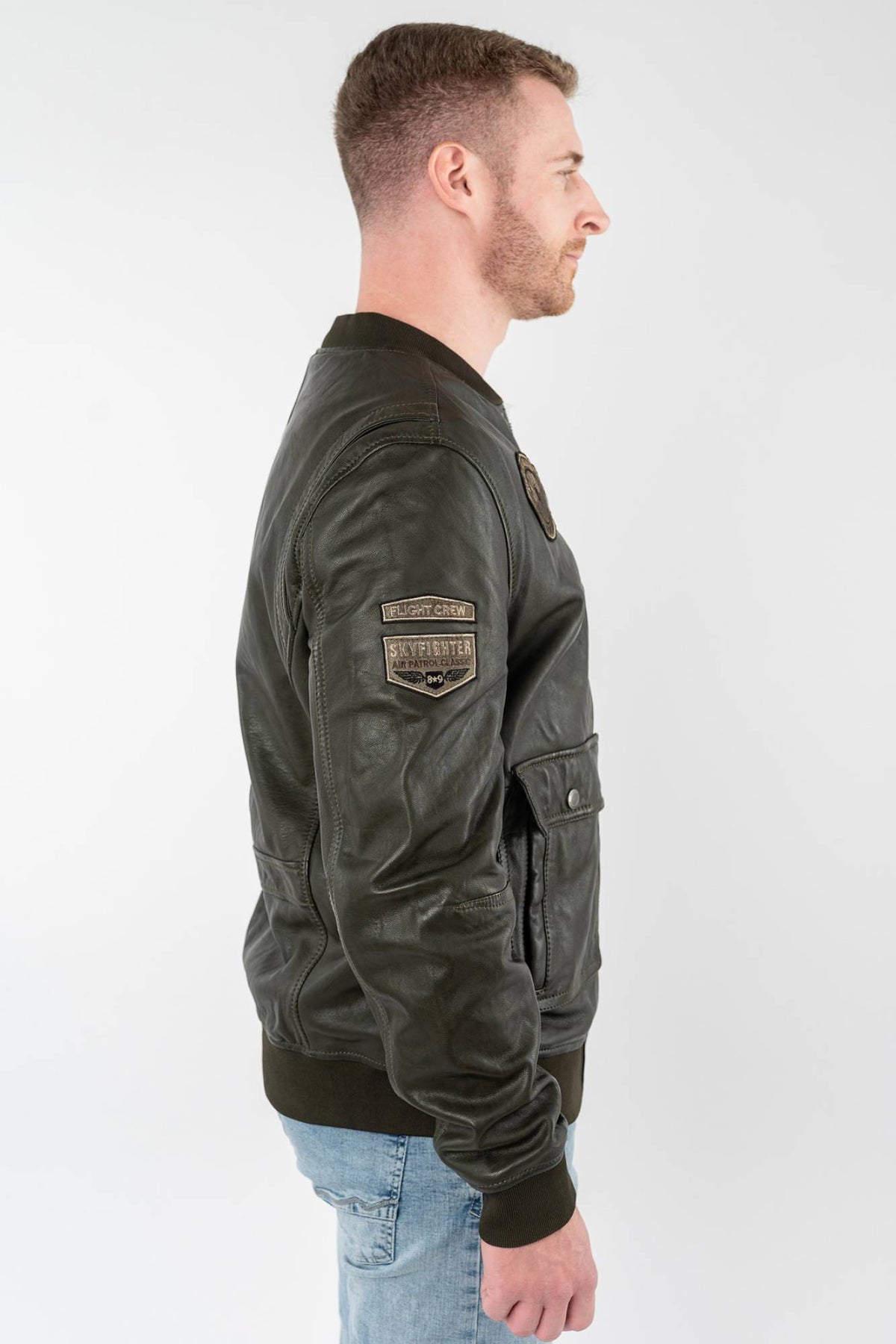 Khaki green lambskin flight jacket, tone-on-tone patches - Image n°7