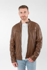 Cognac lambskin biker-collar jacket with perforated panels - Image n°1