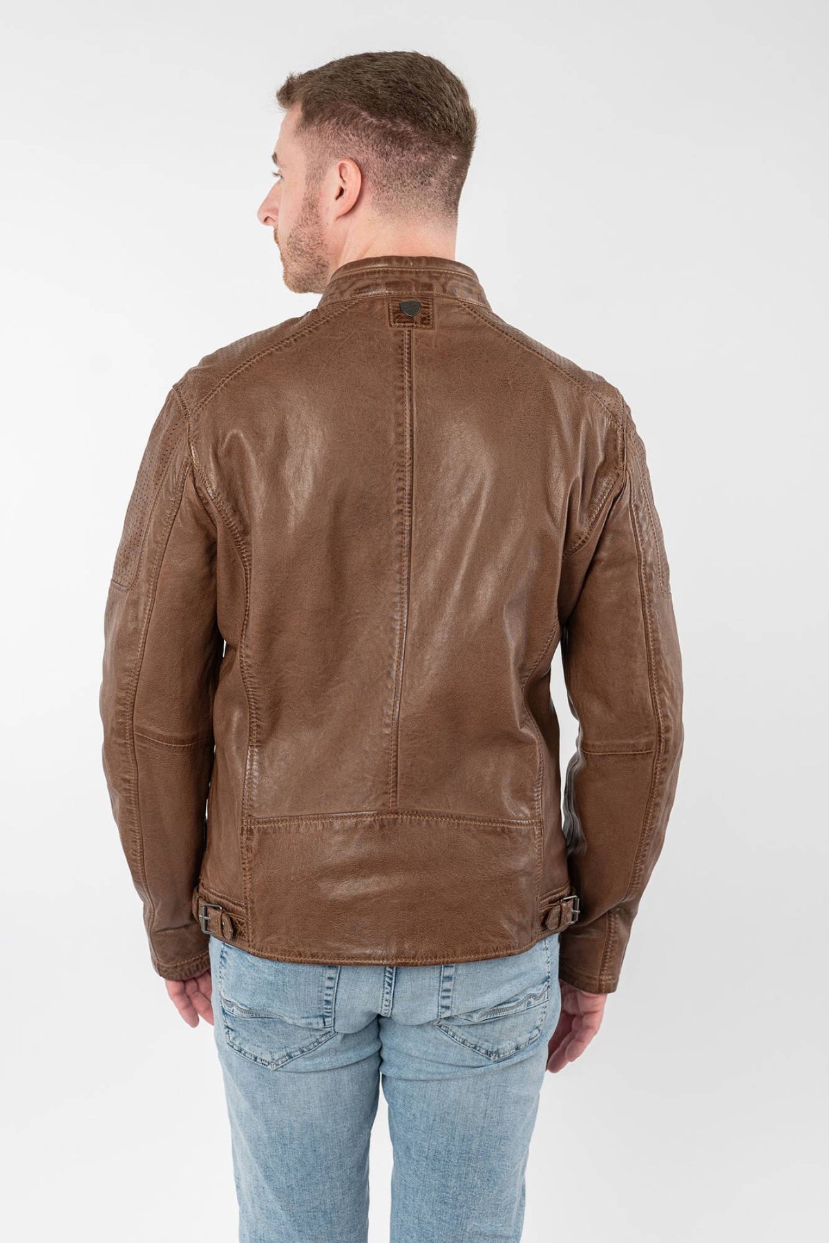 Cognac lambskin biker-collar jacket with perforated panels - Image n°2