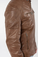 Cognac lambskin biker-collar jacket with perforated panels - Image n°3